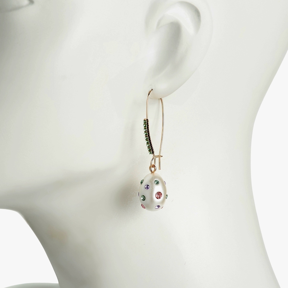 NEW Betsey Johnson Gold Tone & White Easter Egg Drop Earrings Crystal Accents - Picture 4 of 4